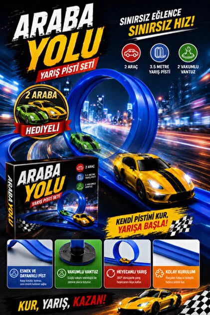 Mavi Renk Esnek Yarış Pisti 4.5 Metre Oyuncak Araba yolu Aksiyon Pisti