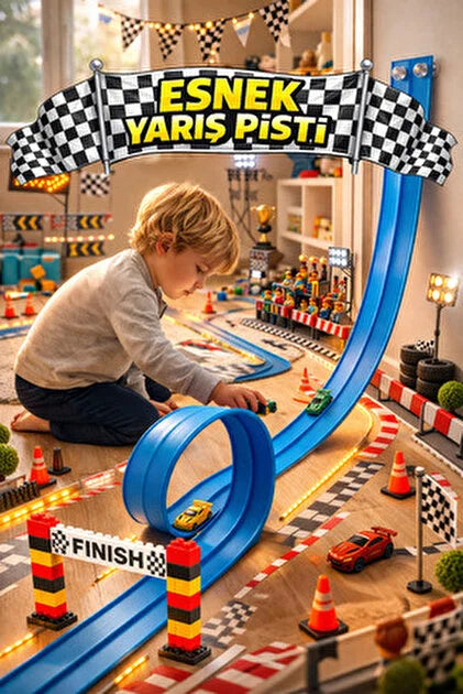 Mavi Renk Esnek Yarış Pisti 4.5 Metre Oyuncak Araba yolu Aksiyon Pisti