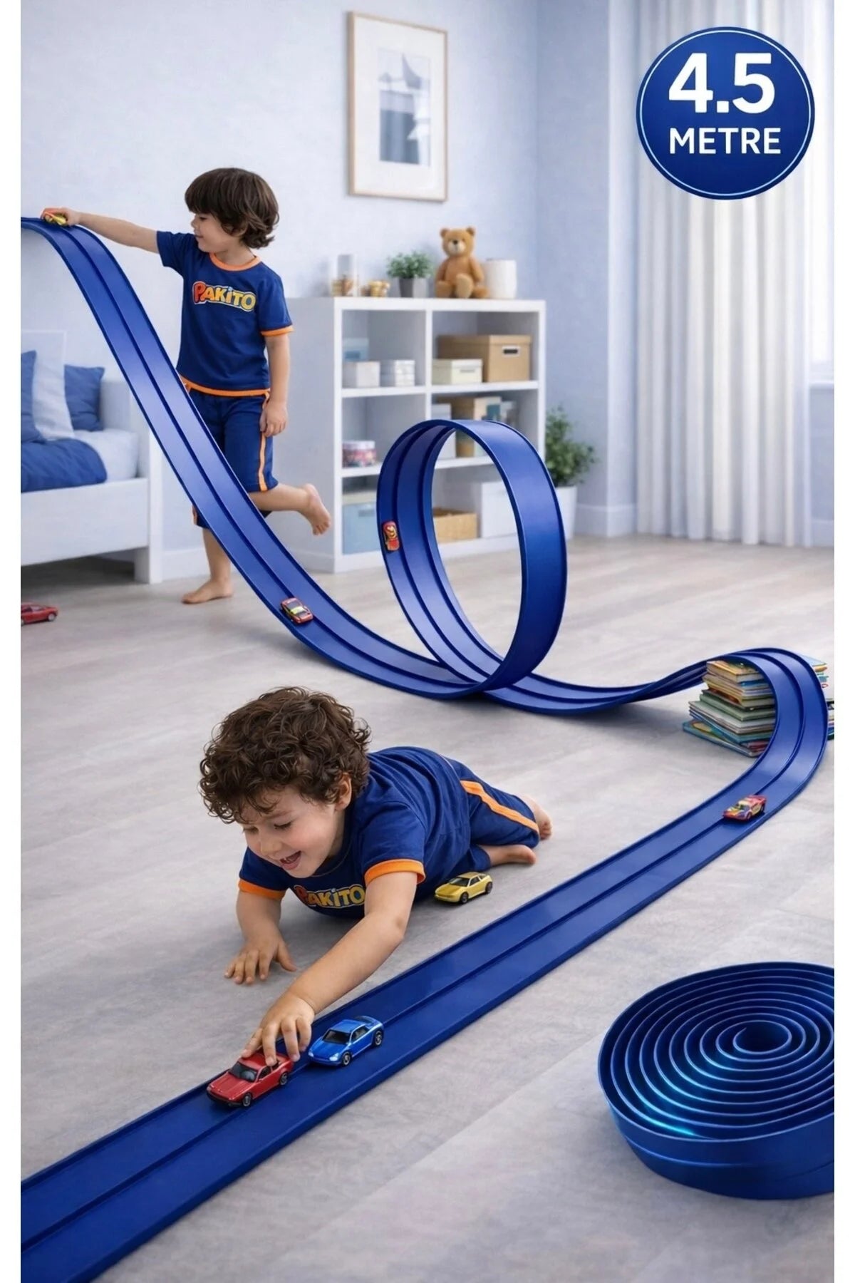 Mavi Renk Esnek Yarış Pisti 4.5 Metre Oyuncak Araba yolu Aksiyon Pisti